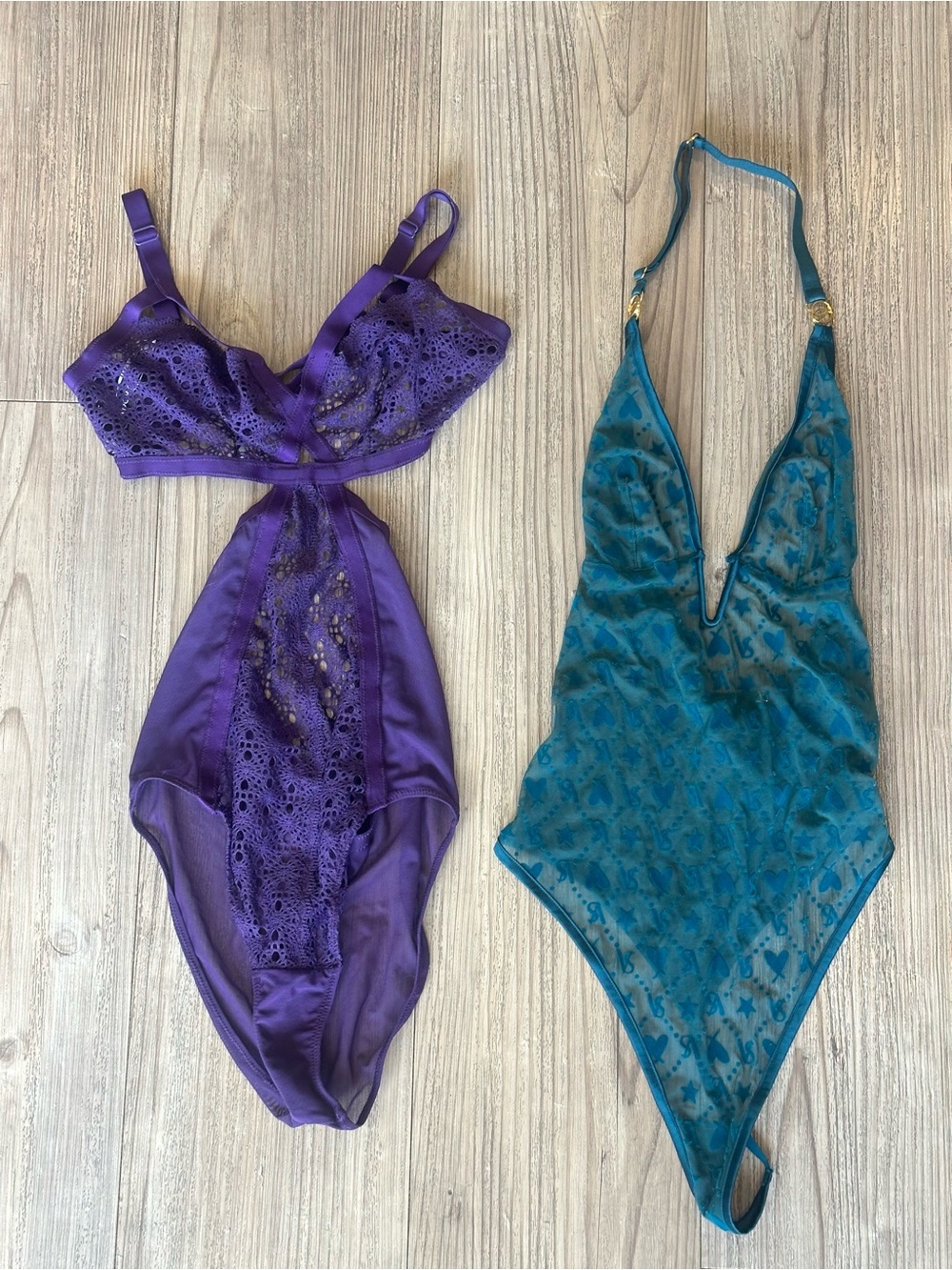 Adore Me Purple Lace & Victoria’s Secret Teal Mesh Sheer Bodysuit Duo